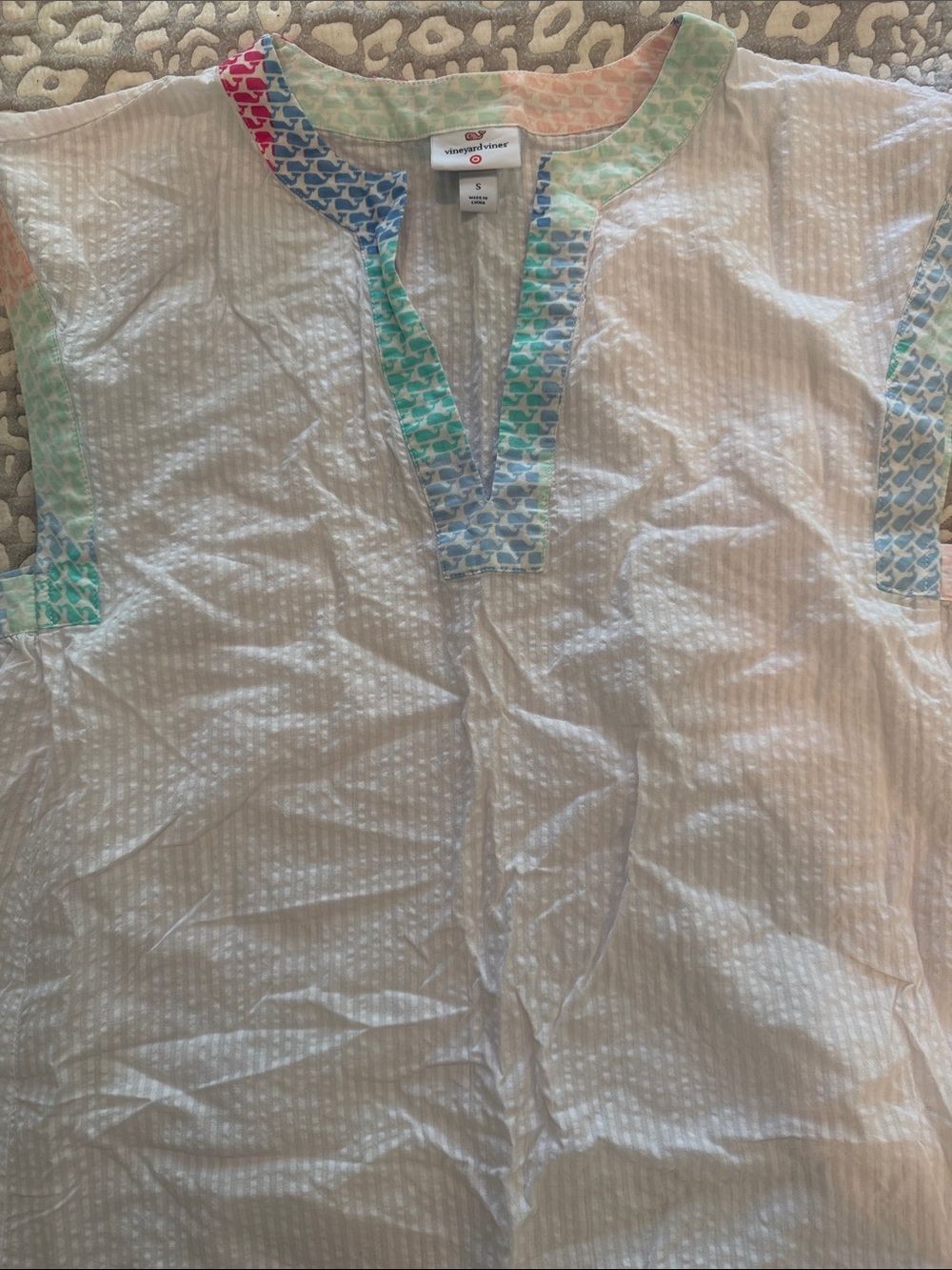 Vineyard Vines White Seersucker Tunic with Pastel Blue, Green & Pink Trim